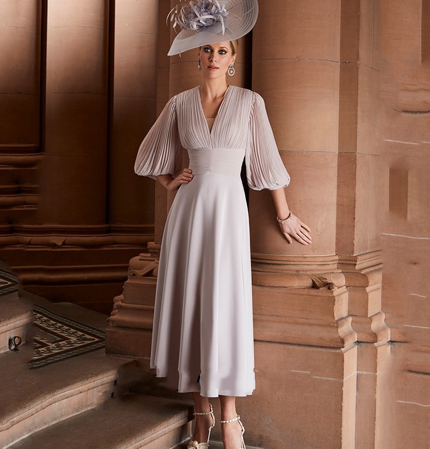 Elegant Silver Tea Length Evening Dresses Puff Sleeves V Neck Ruched Pleat A Line Chiffon Prom Party Gown Robes De soirée Vestidos Festa 2022