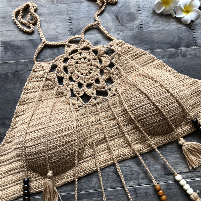 Tassel Crochet Knitted Halter Slim Bikini Tops Swimsuit Bohemia Swimwear Sexy Handmade Cotton Cover Top 220611