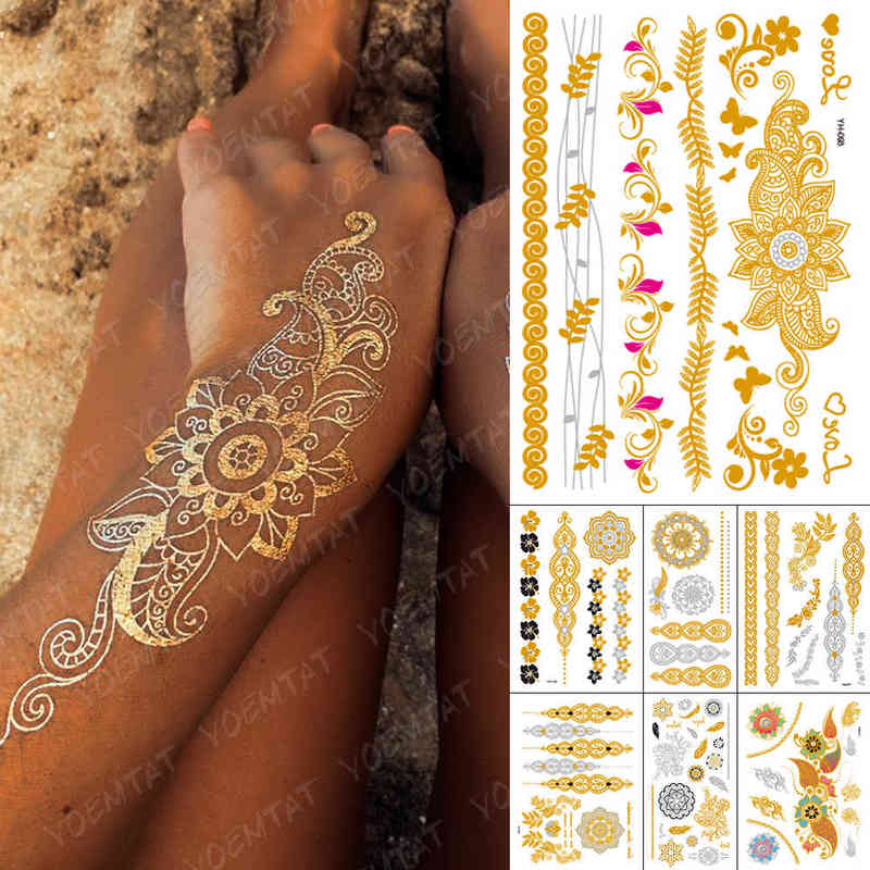 NXY Temporary Tattoo Waterproof Sticker Flowers Mandala Henna Gold Silver Metallic Flash Tatoo Boho Lotus Jewelry Glitter Body Art 0330