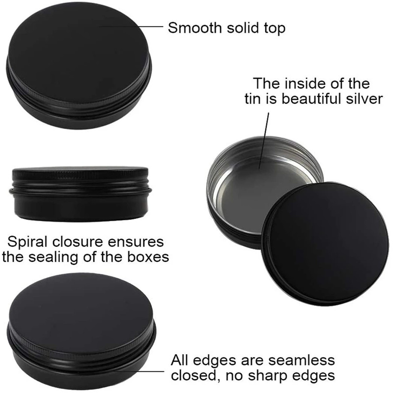 Cosmetics Container Empty Black Aluminum Tin Jars Lip Balm Bottle Candle Tea Cans Boxes Packaging with Screw Lids