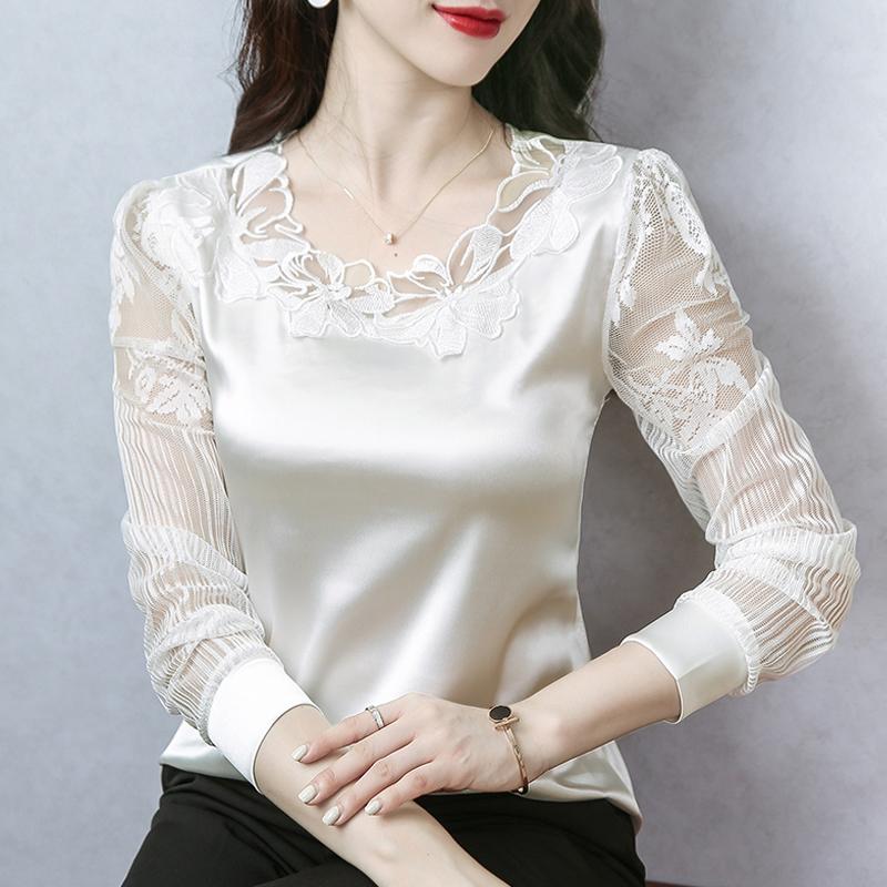Womens Blouses Shirts M-4Xl Elegant Long Sleeve Lace Shirt Stitching Satin Blouse Fashion Women Flower Pullover Tops Casual Clothin