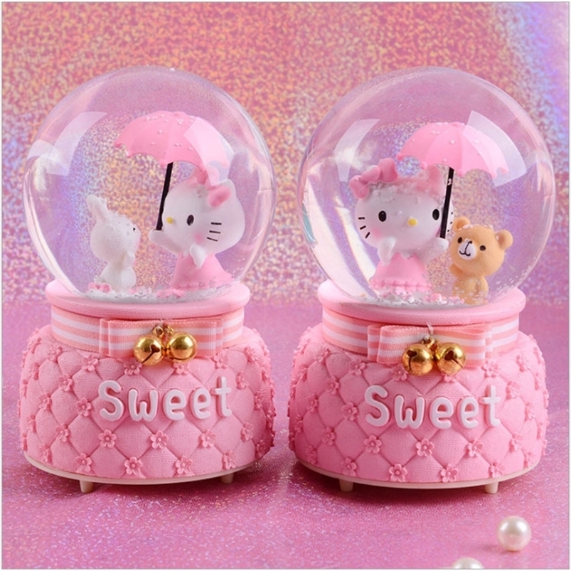 Crystal Ball Music Box Pink Girl Star Moon Rainbow Unicorn Glowing Snowflakes Music Box Home Decoration Desktop Ornament 210319