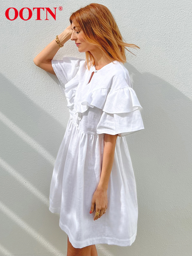 OOTN Summer Holiday Casual Dress Women Loose White A-Line Elegant Mini Dress Ruffled Thin Cotton Linen Outing Comfort Dress Lady 220511