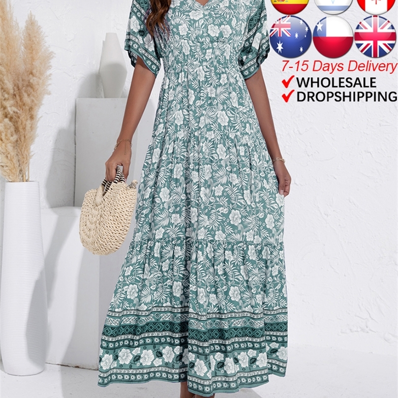 ATUENDO Summer Bohemian Dress for Women Fashion Solid Green Maxi Robe Casual Wedding Guest High Waist Dresses Drop Link 220510