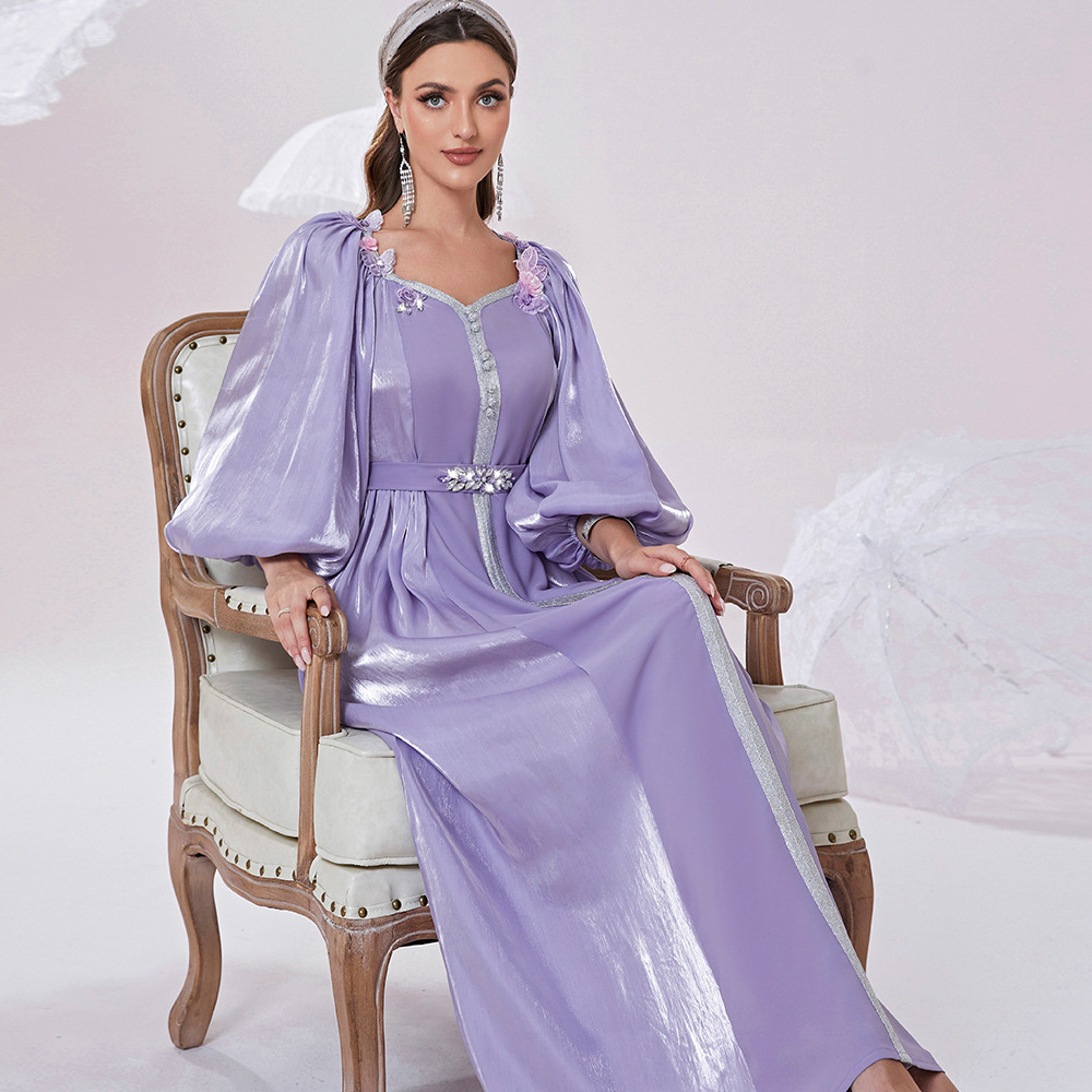 Fancy Lilac Butterfly Arabic Evening Dress Dubai Abaya Elegant A Line Puff Sleeve Prom Dresses Glitter Quicksand Muslim Dress Formal Special Occasion 