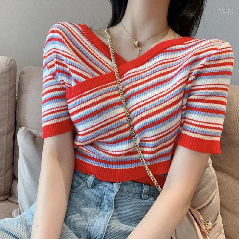 Foreign Sweaters Women's 2022 Fashion Short Short-Sleeved Striped Knit Sweater Retro Cross V-Neck Slim Pullover A488 Mari22, Red
Foreign Sweaters Women's 2022 Fashion Short Short-Sleeved Striped Knit Sweater Retro Cross V-Neck Slim Pullover A488 Mari22, Red