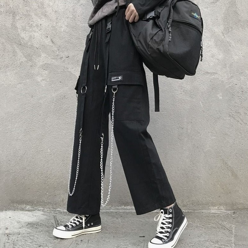 QWEEK Gothic Harajuku Cargo Pant Punk Chain Wide Leg Trousers Female Korean Style Oversized Streetwear Techwear Emo 220325