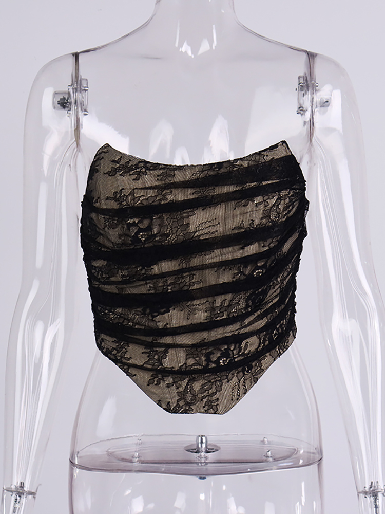 Asia Black Lace Bustier Tops Patchwork Strapless Lining Boning Zipper Bodycon Corset Crop Top Women Sexy Club Party Outfits 220325