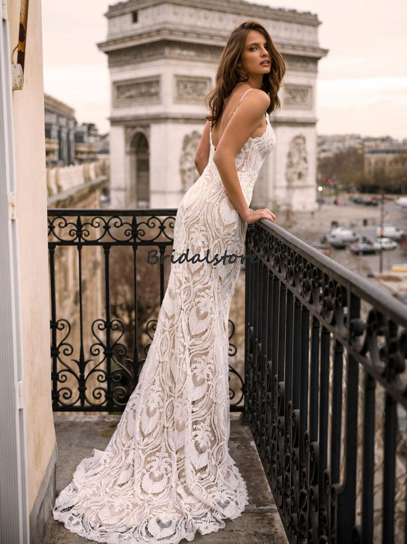 Rustic Boho Lace Wedding Dress 2022 Sexy Spaghetti Straps Mermaid Bohemian Country Wedding Dresses Hippie Backless Beach Bride Party Gowns Chic Women 