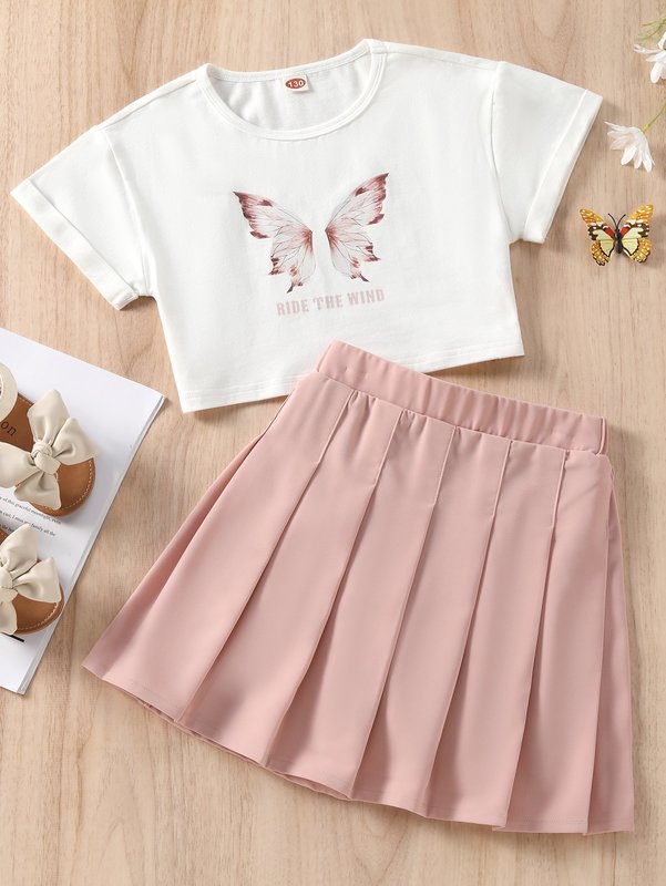 Girls Slogan & Tee & Pleated Skirt SHE, Multicolor