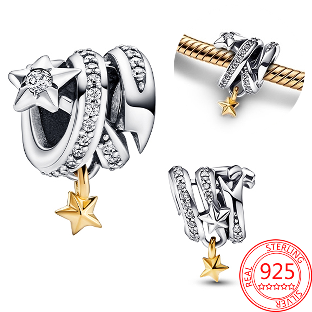 The New Popular 100%925 Sterling Silver Charm Series Bead Flash Stars and Moon Pendant Glass Security Chain Fit Bracelets DIY Jewelry Gift