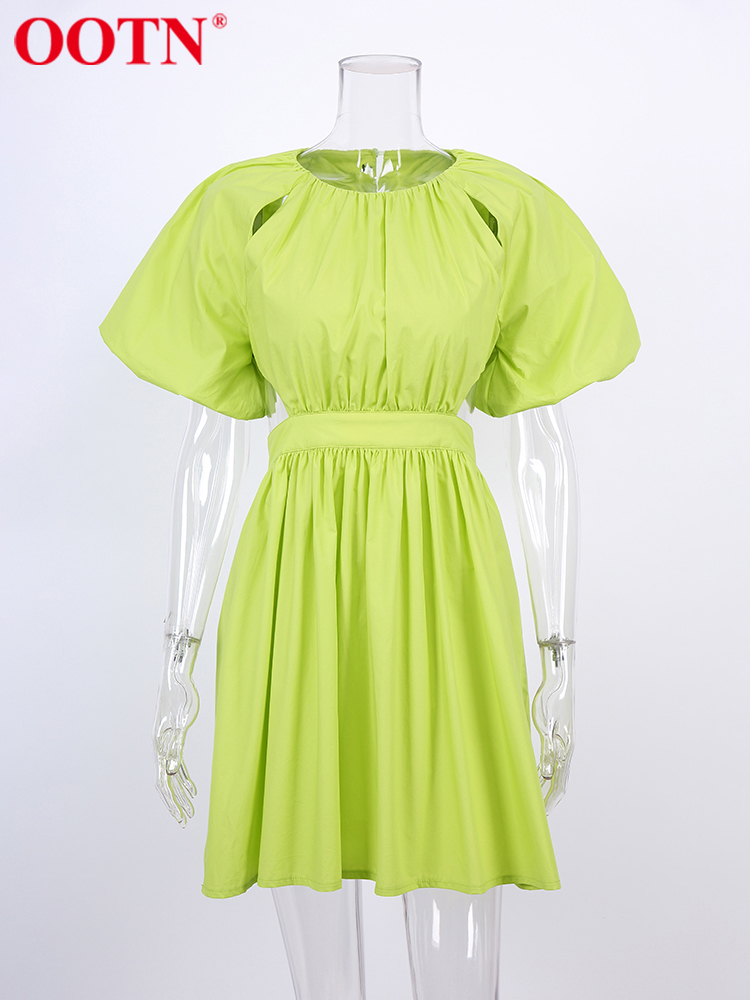 OOTN Sexy Green A Line Women Dress Round Neck Summer Hollow Out Mini Dress Ruched Chic Fashion Puff Sleeve Dresses Cotton 220511