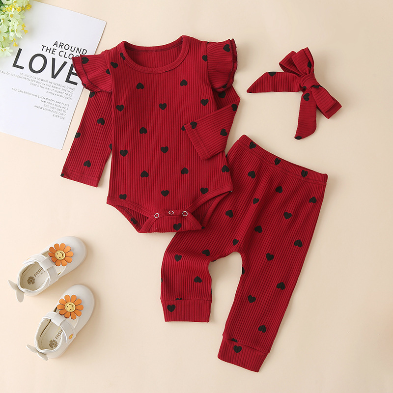 3Pcs Baby Girl Outfit Set born Toddler Girls Clothes Ruffle Heart Print Long Sleeve Romper Bodysuit PantsHeadband Infant 220607