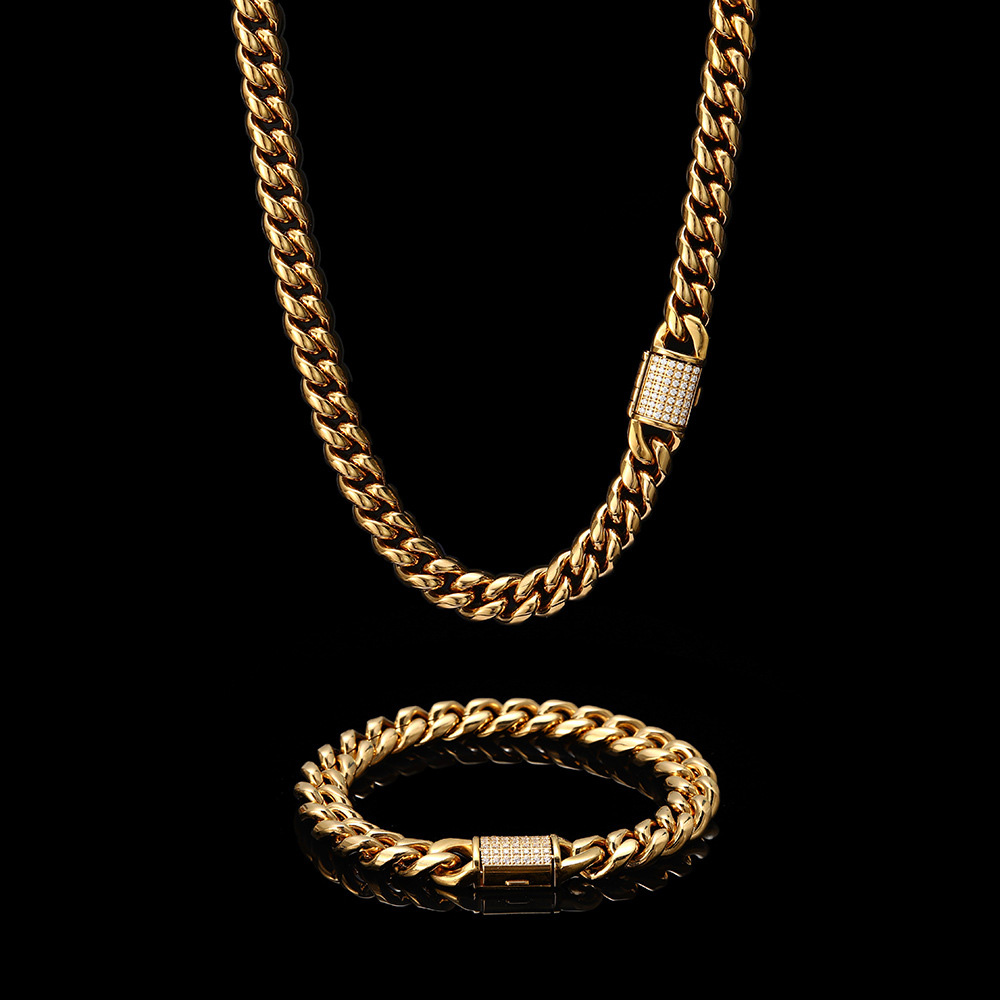 Cuban Link Chain Necklace Bracelet Set Heavy 18K Gold Plated Stainless Steel Metal Diamond Chain Choker Jewelry for Boys Girls