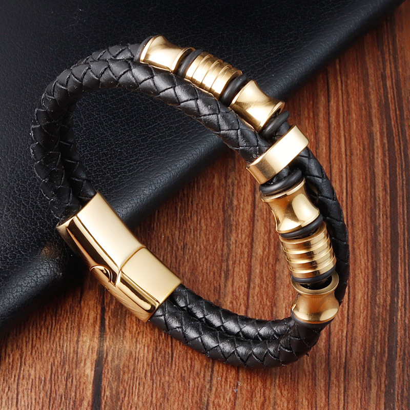 Punk Style Stainless Steel Charm Bracelet MultiLayered Genuine Leather Bracelets