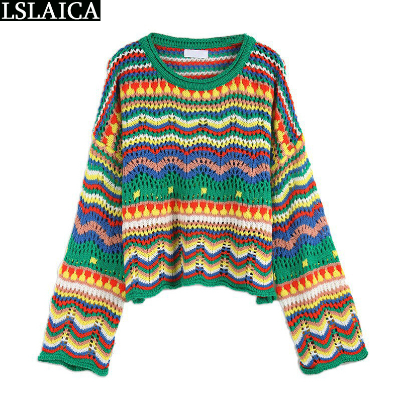 Sweater Women Long Sleeve Colorful Stripes Stitching O Neck Casual Sweaters For Knit Fashion Autumn Winter Loose 220810