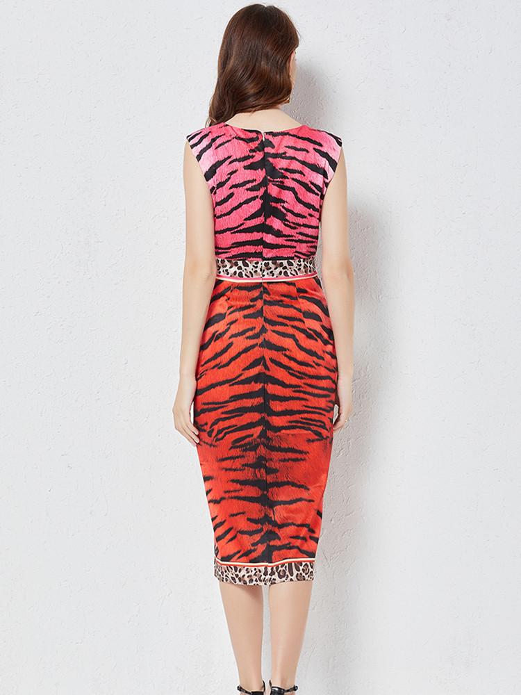 Casual Dresses Summer Designer Fashion Tiger Leopard Dress Women's Sexy Sleeveless High Waist Patchwork Vintage Midi Package Hip Party D