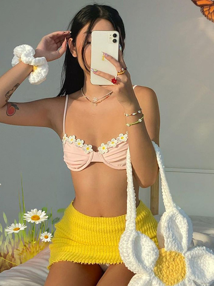 Floral Cute Tops Bralette Tank Summer Sweet Off Shoulder Backless Vest Beach Pink Strapless Crop Corset Sexy Cami 220325