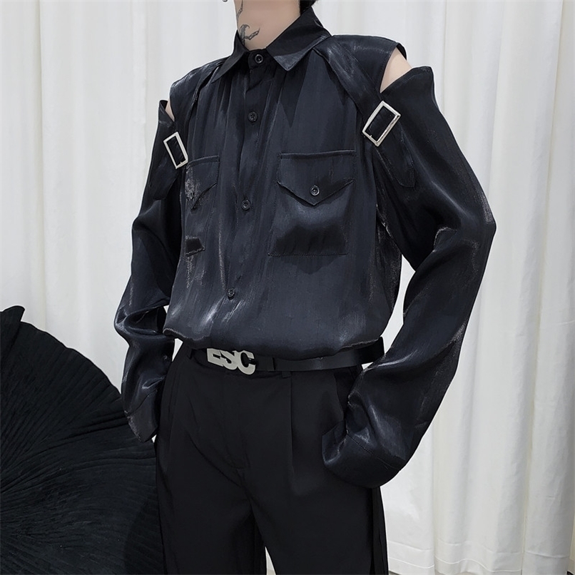 IEFB /men's wear Niche hollow strapless polarized shirt mercerized glitter loose high street Autumn tops 9Y1470 220322