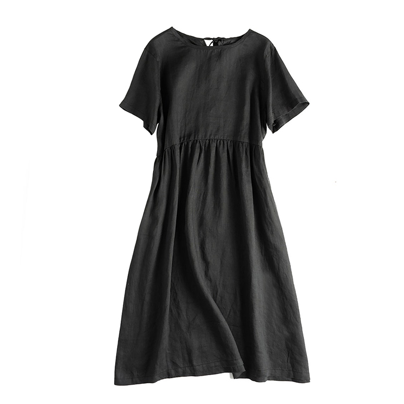 Summer Cotton Linen Women Dresses Vintage Short Sleeve Casual Loose Back Bandage Harajuku Party Club Dress With Pockets 220613