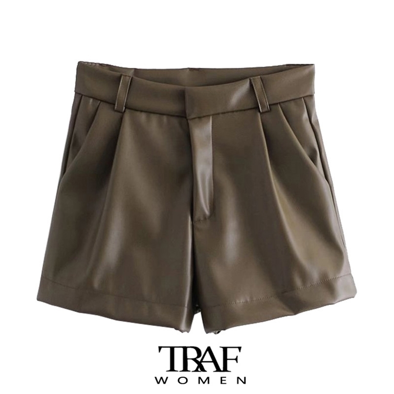 TRAF Women Chic Fashion Side Pockets Faux Leather Shorts Vintage High Waist Zipper Fly Female Short Pants Mujer 220630