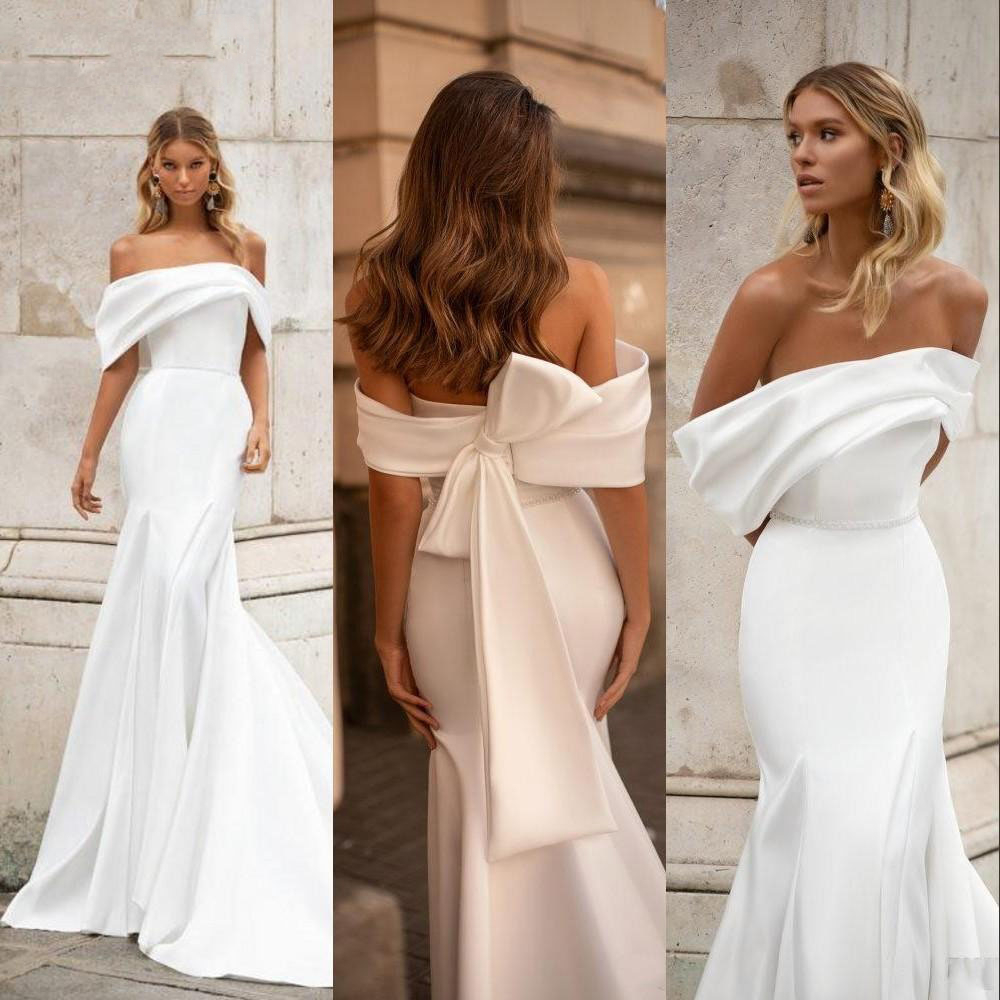 Simple White Satin Mermaid Wedding Dress Modern Off The Shoulder Bow Back Long Trumpet Bridal Gowns Gorgeous Elegant Bride Dresses Custom Made Robe De