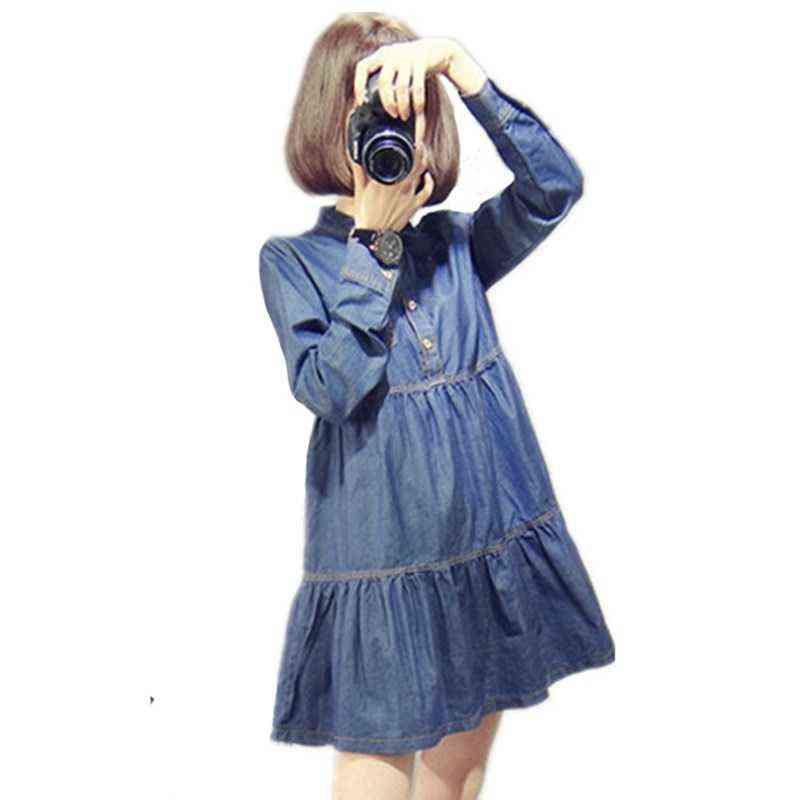 Spring Maternity Cowboy Pop Dress Fashion High Waist Long Sleeve Pregnant Women Denim Blue Dress Ruffles Patchwork Cotton Dress J220628