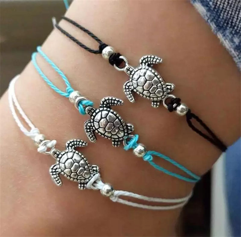 Vintage Silver Charm Turtle Anklet Bracelet Rope Hand Chain for Women Wish Braided Wax Cord Foot Chain Casual Summer Beach Jewelry Accessory