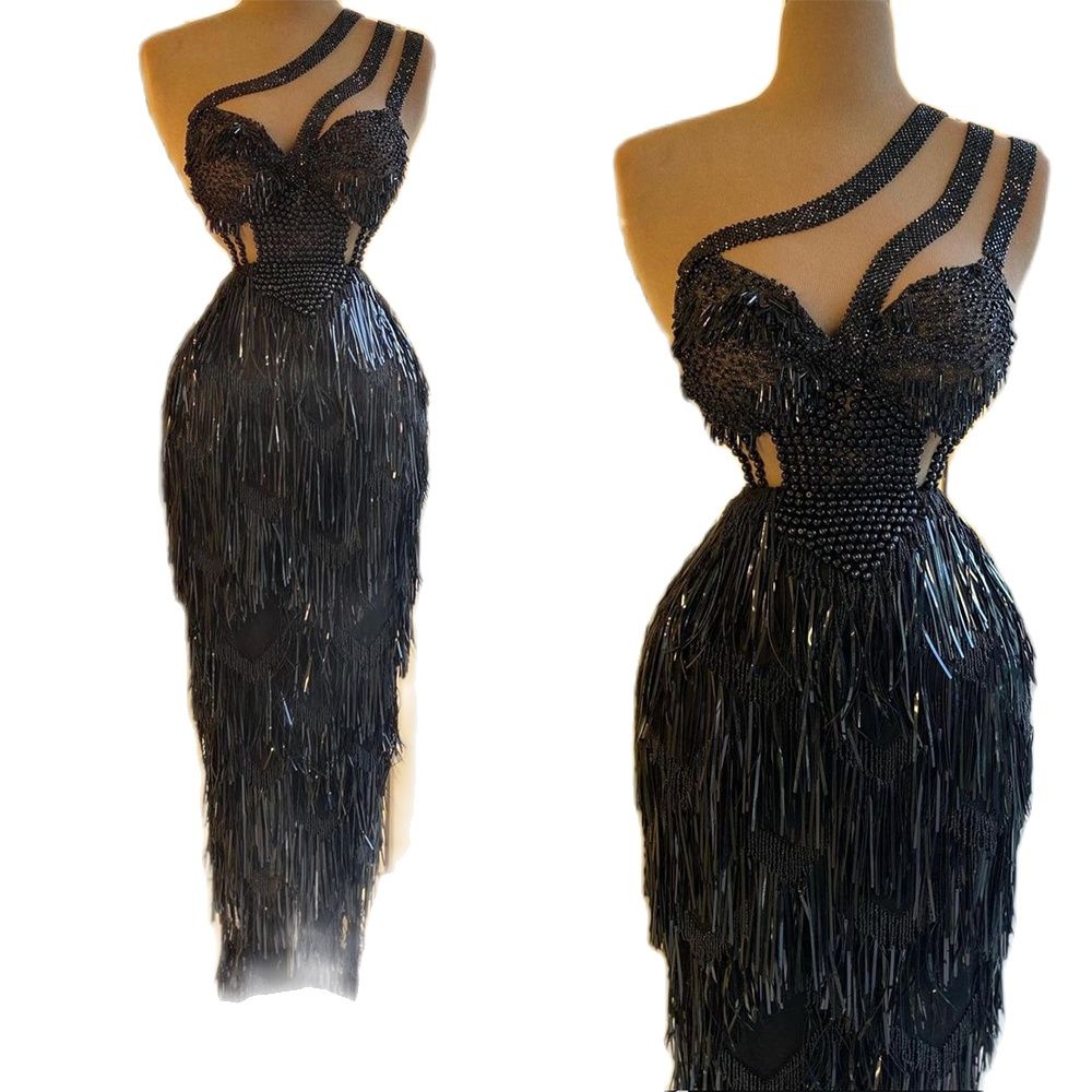 African Black Sexy One Shoulder Prom Dresses Sequins Beaded Tassel Mermaid Evening Gowns Woman Formal Party Birthday Dress