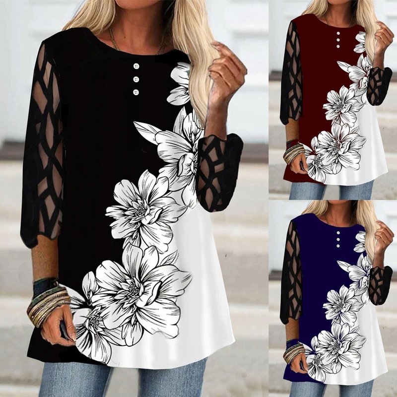 Spring and Autumn Women Fashion Loose Casual T Shirts Half Sleeve Mesh Sleeves Floral Print Round Neck Tops 220714