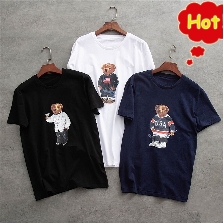 US size High quality 100% cotton polo bear t shirt short sleeve casual loose tee shirts with USA pattern printing2l