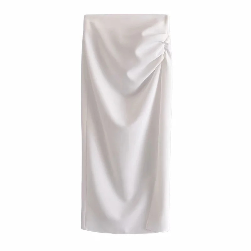 TRAF Green Long Skirts Woman High Waist Pencil Women Elegant Pleats Midi White Black Summer With Side Slit 220317
