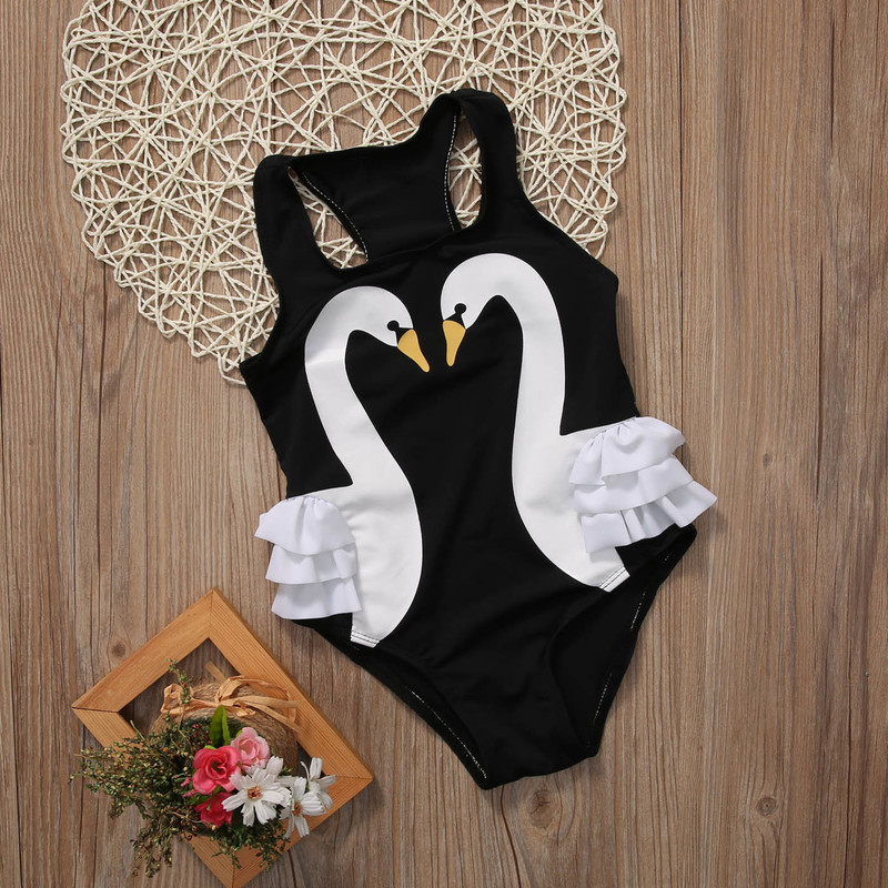 2 7Y Kids Girls Swimwear Baby Bikini Summer Swan Print Ruffle Swimsuits Children Bathing Suits Beachwear 220530