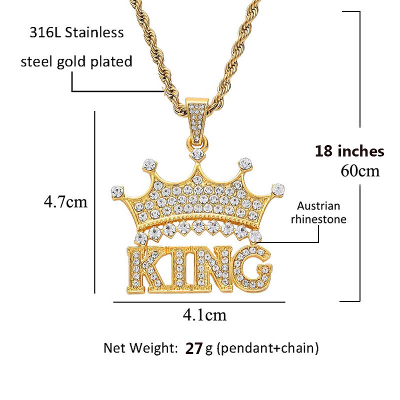 Designer 18K Gold Silver Stainless Steel King Crown Letter Pendent Necklace for Men Cubic Zircon Simulated Diamond Necklace Cool Jewelry Gift