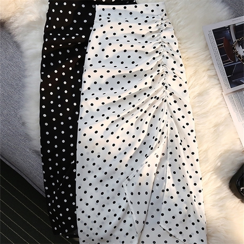 Syiwidii Shirring Side Slit Womens Skirts Polka Dot Print White High Waist Back Elastic Band Elegant Ladies Midi Long Skirt 220701