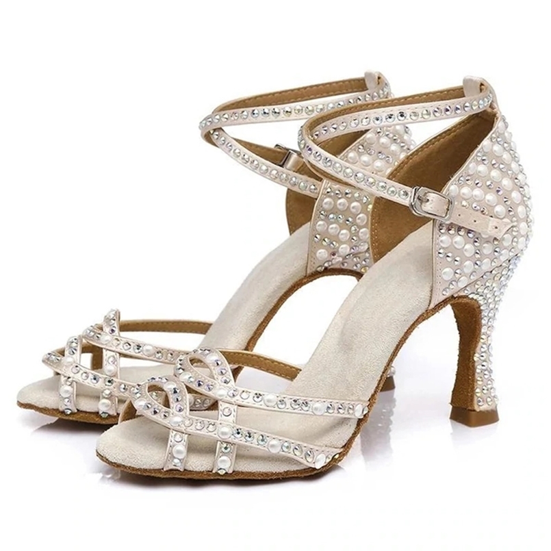 Pearl Latin Salsa Performance Dance Shoes Samba Rumba Ladies Soft Sole Shining Party Ballroom Girl Heel 220509