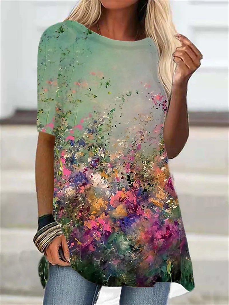 Women s T Shirt Green Blue Red Short Sleeve Floral Gradient Print Top Autumn Summer Round Neck Casual Fashion 220628