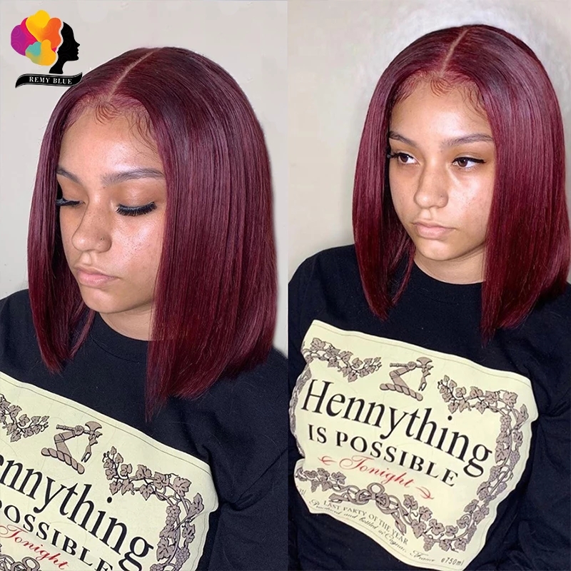 Red Burgundy 99j Bob Straight Lace Front Wig Colored Human Hair Wigs For Women Short Blunt Cut Pixie Preplucked Synthetic Wig