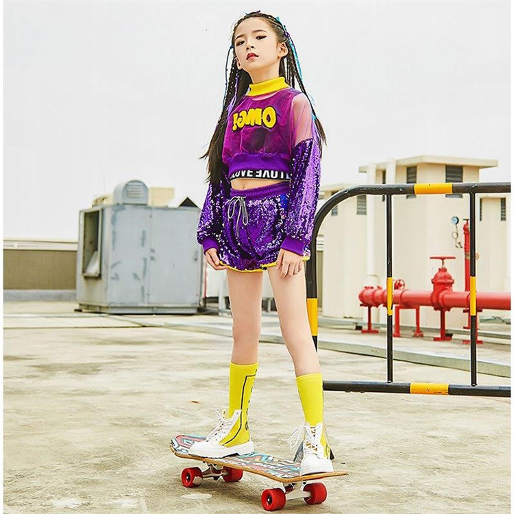 3pcs Set Girl Jazz Dance Costume Children Street Hip hop Dance Girl Jazz Stage Sequin Girl Jazz Dance Costume for Girls 220609