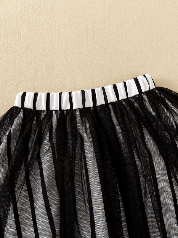 Toddler Girls Striped Ruffle Trim Bow Front Blouse & Mesh Overlay Skirt SHE