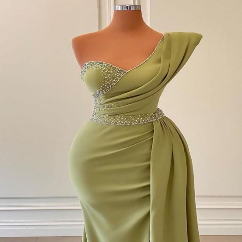 New Sage Green Prom Dress Slit 2022 Sexy One Shoulder Dubai Evening Dresses Mermaid Satin Floor Length Beaded Formal Special Occasion Vestidos De Noch