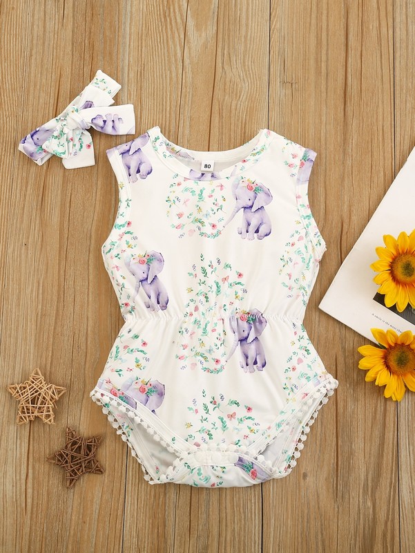 Baby girl floral and elephant graphic jumpsuit and headband SHE