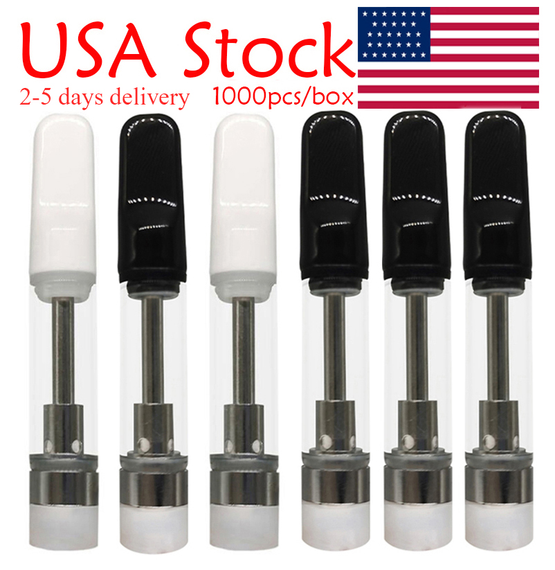 USA Stock Thick Oil Atomizers 1ml Vape Cartridges Vaporizer Pen White Screw in Ceramic Tips 2.0mm Holes 510 Thread Carts Empty Packaging 1000pcs Box Local Delivery