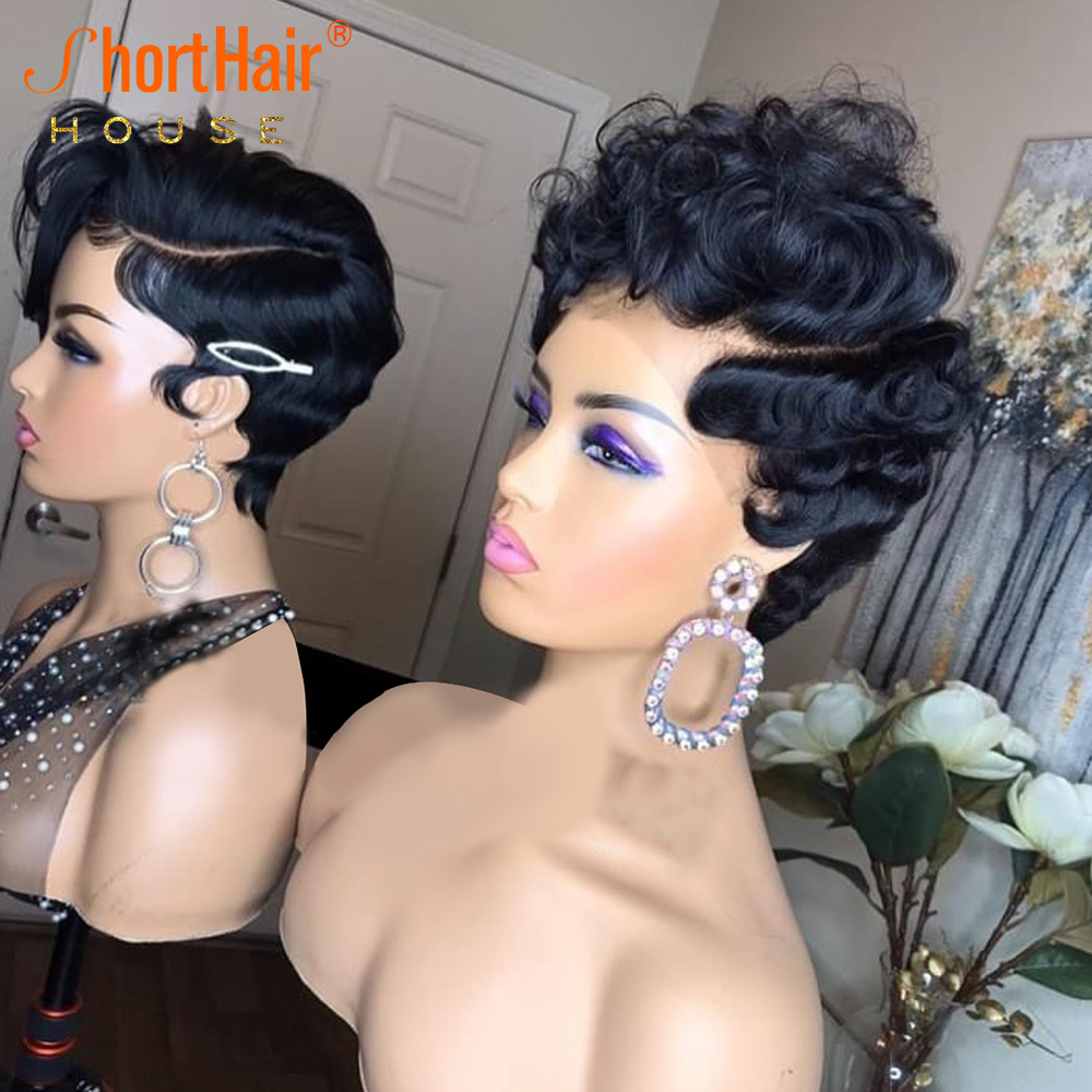 Short Bob Pixie Cut Human Hair Wig Black/Blonde/Brown Colored Curly None Lace Frontal Wigs for Women