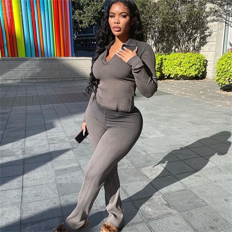 Solid Knit Ribbed Two Piece Sets Women Winter Clothes Warm Long Sleeve Top and Wide Leg Pants Matching Sets Outfits Loungewear 220817