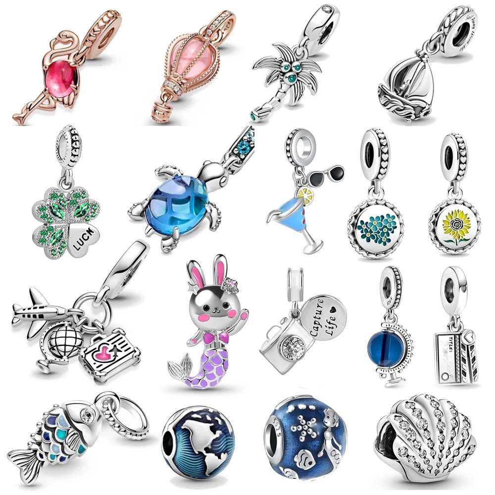 New Popular 925 Sterling Silver Palm Tree Pink Murano Glass Flamingo Silver Charm Beads for Original Bracelet DIY Jewelry