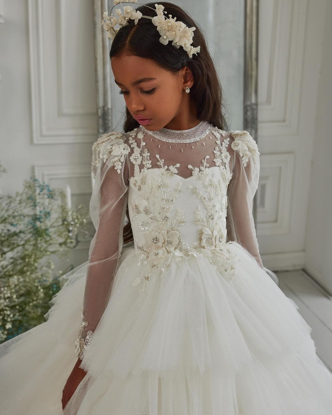 Long Sleeve Flower Girl Dresses Tiered Skirts Little Kids Birthday Party Dresses A Line Princess Toddler Christmas Gowns