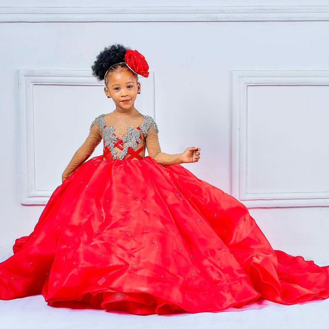 Luxurious Red Crystals Flower Girl Dresses Sheer Neck Ball Gown Little Girl Wedding Dress Communion Pageant Gowns ZJ555