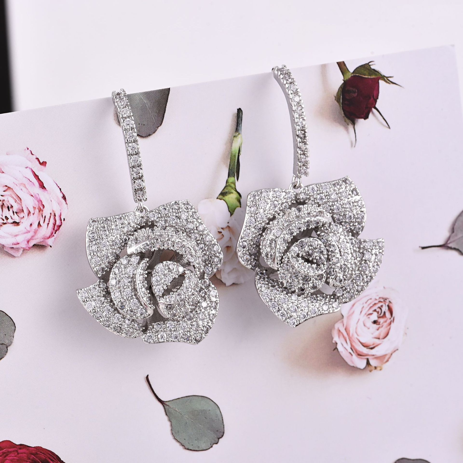 Top Quality Real White Gold Plated Zirconia Rose Flower Dangle Earrings for Women Bridal Wedding Jewelry