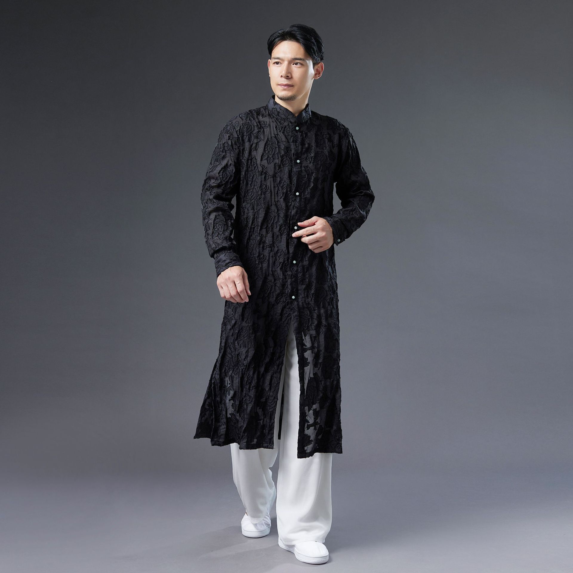 Party performance singer men's stage wear Cotton silk robe Chinese traditional clothing male cheongsam long sleeve Chinese tang suit for men